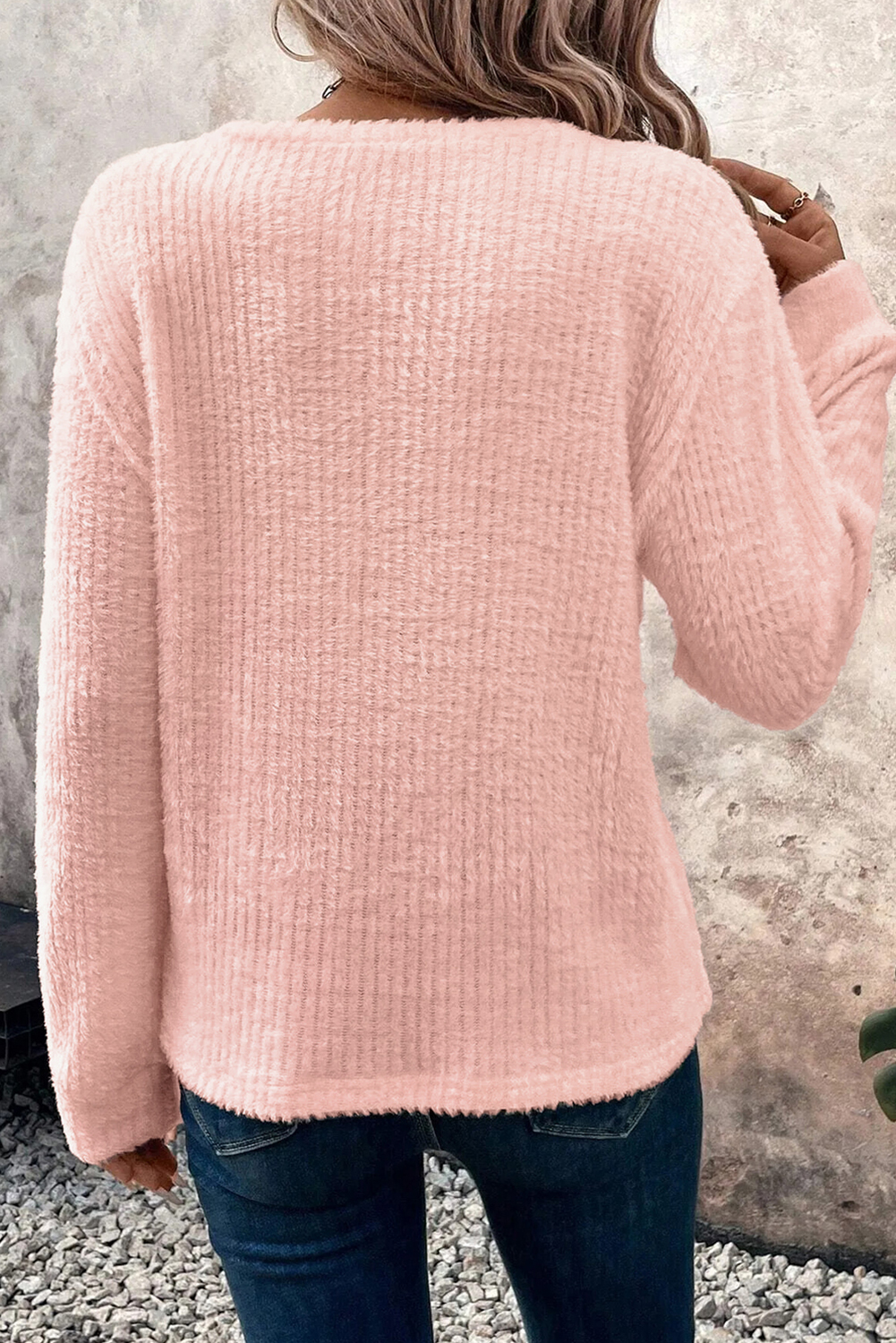 Light Pink Fuzzy Ribbed Texture Round Neck Long Sleeve Top