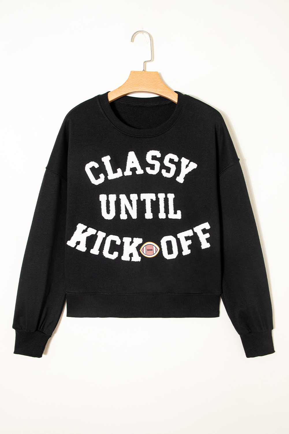 Black CLASSY UNTIL KICKOFF Plush Letter Patched Loose Sweatshirt