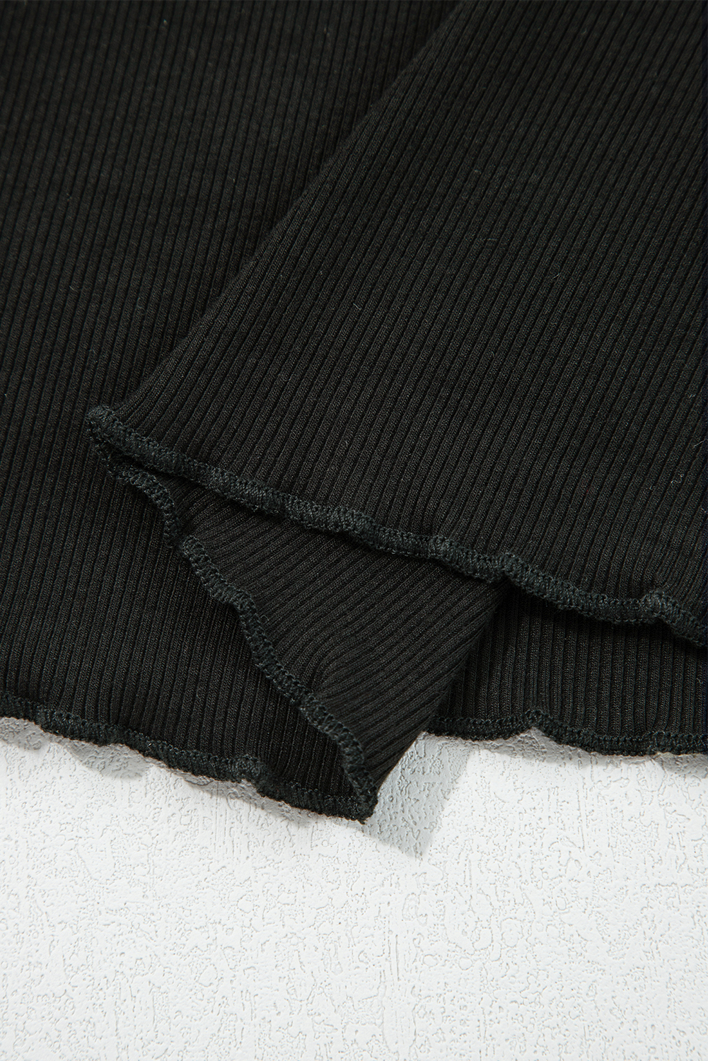 Black Ribbed Knit Lettuce Trim High Neck Long Sleeve Top