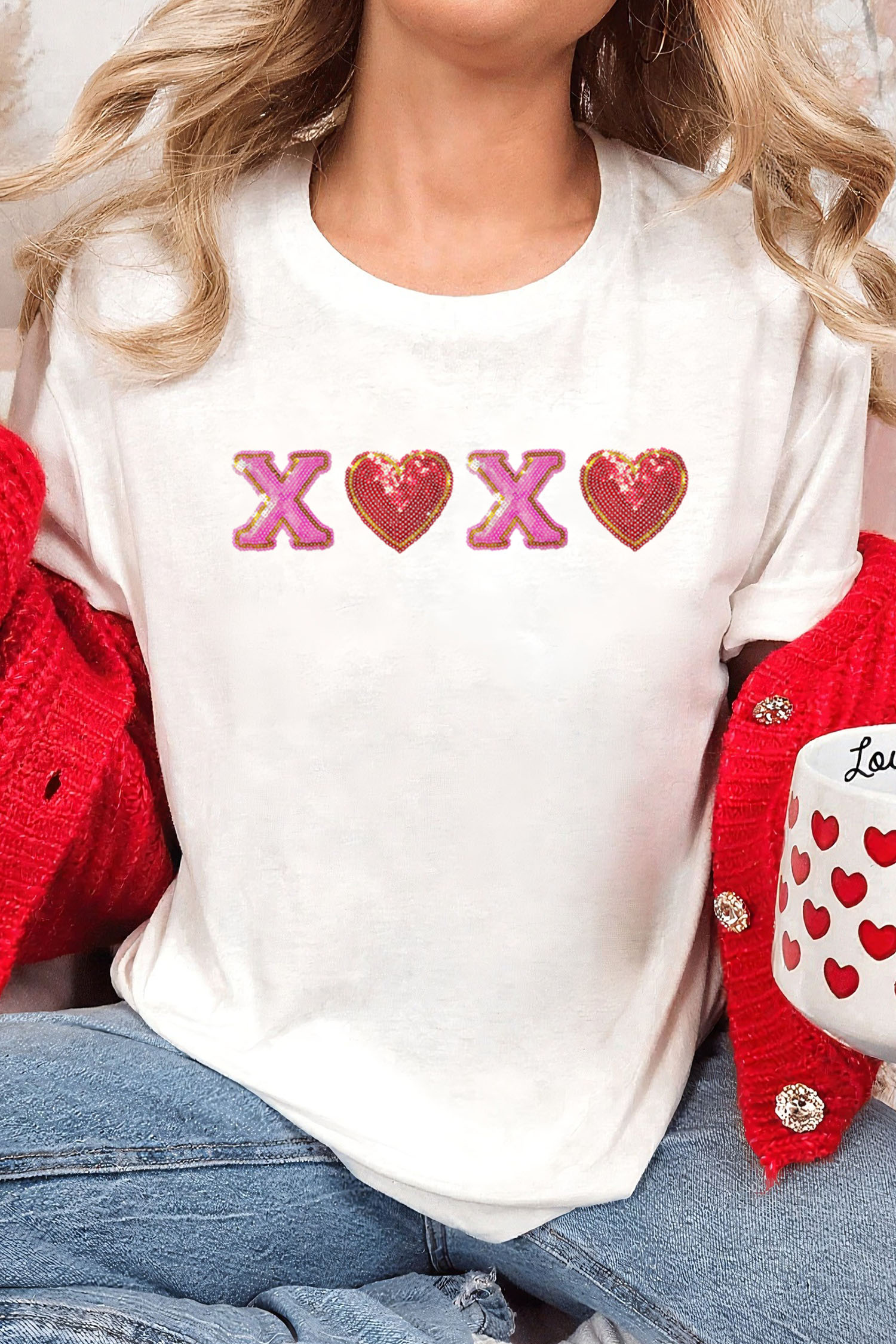 White XOXO Sequin Heart Patched Valentines Day Cuffed T Shirt