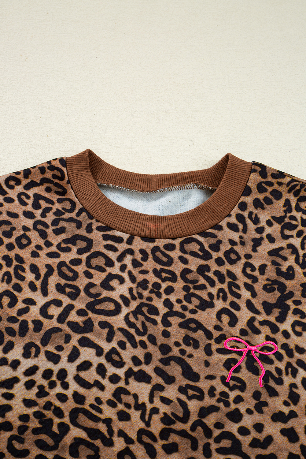 Coffee Leopard Print Contrast Trim Long Sleeve Top and Pants Set