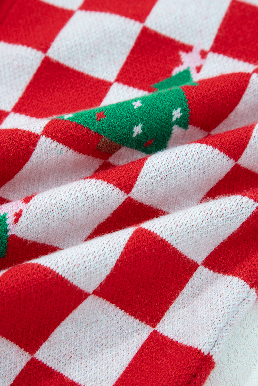 Pink Checkered Christmas Tree Pattern Button V Neck Cardigan Sweater