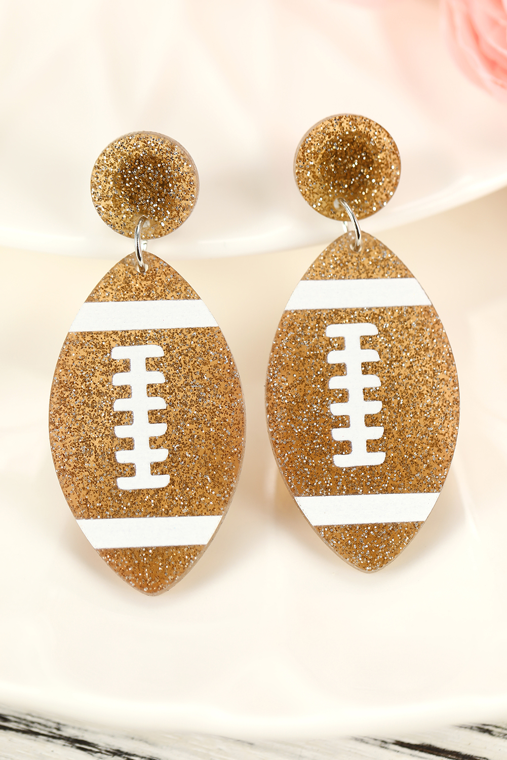 Brown Glittering Rugby Football Pendant Game Day Earrings