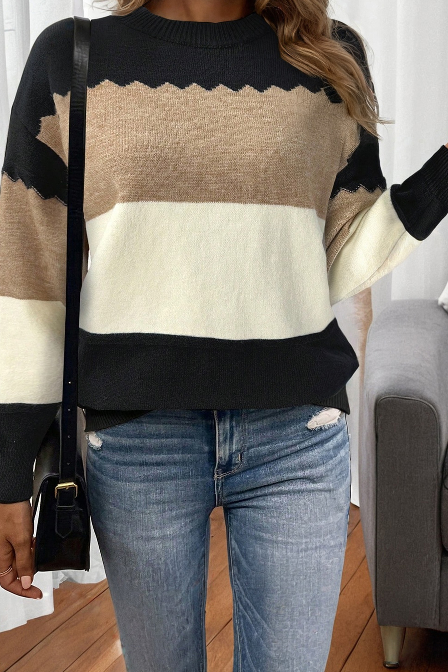 Black Colorblock Crew Neck Drop Shoulder Sweater