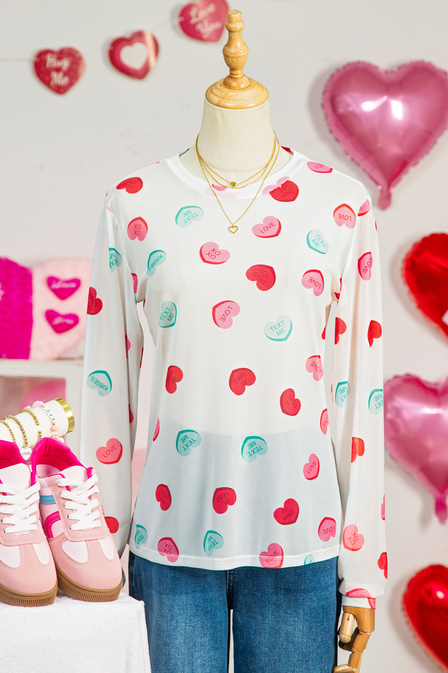 White Sheer Mesh Valentines Slogan Heart Printed Long Sleeve Top