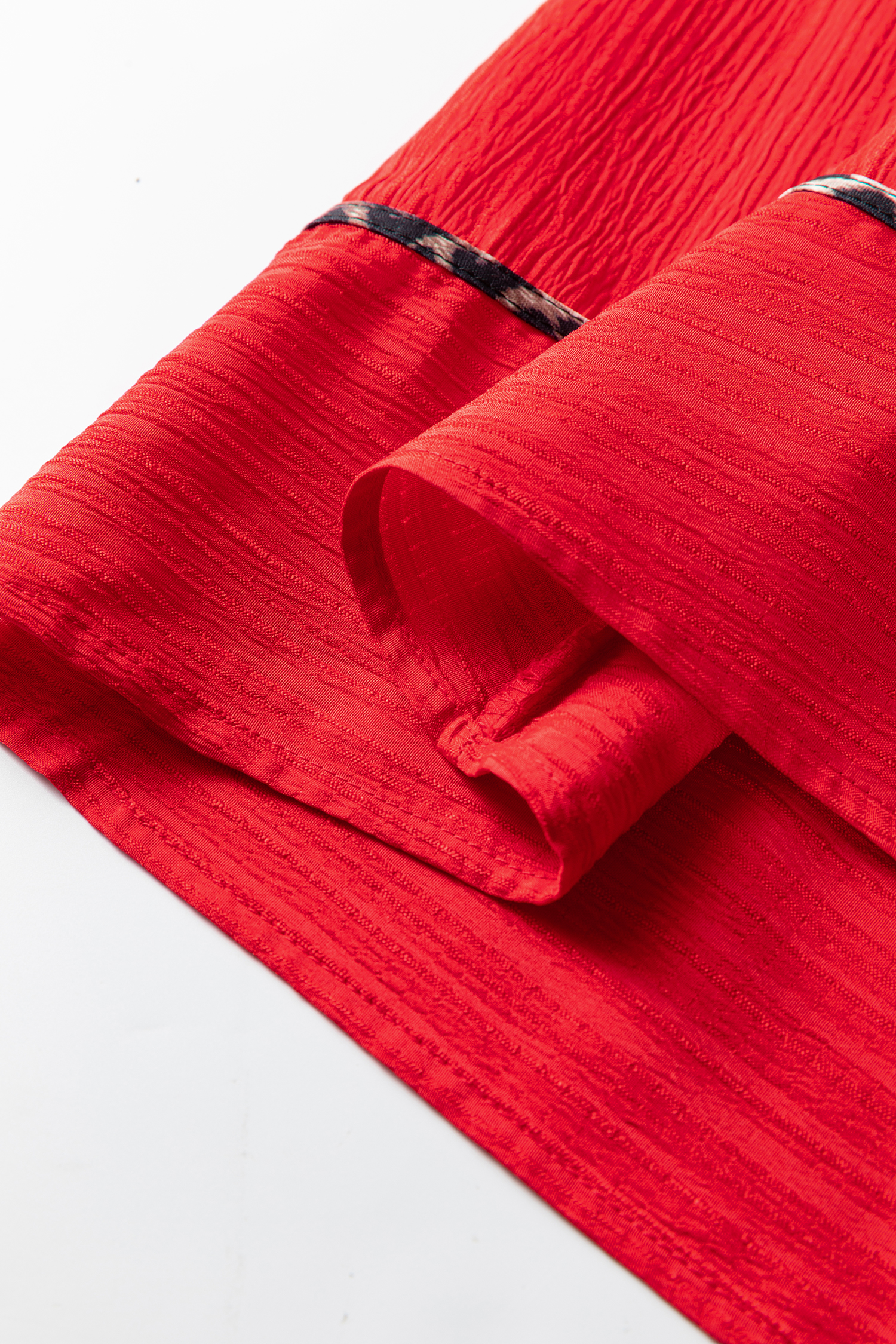 Fiery Red Textured V Neck Leopard Contrasted Trim Long Sleeve Shift Mini Dress