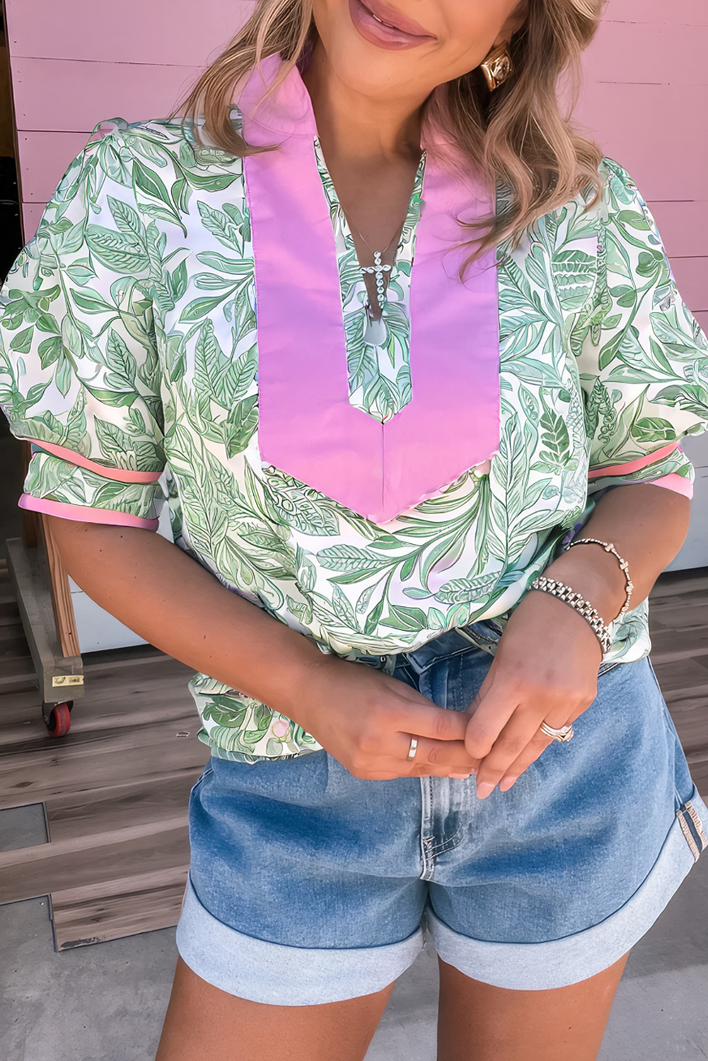 Green Leaves Pattern Color Block V Neck Puff Sleeve Blouse