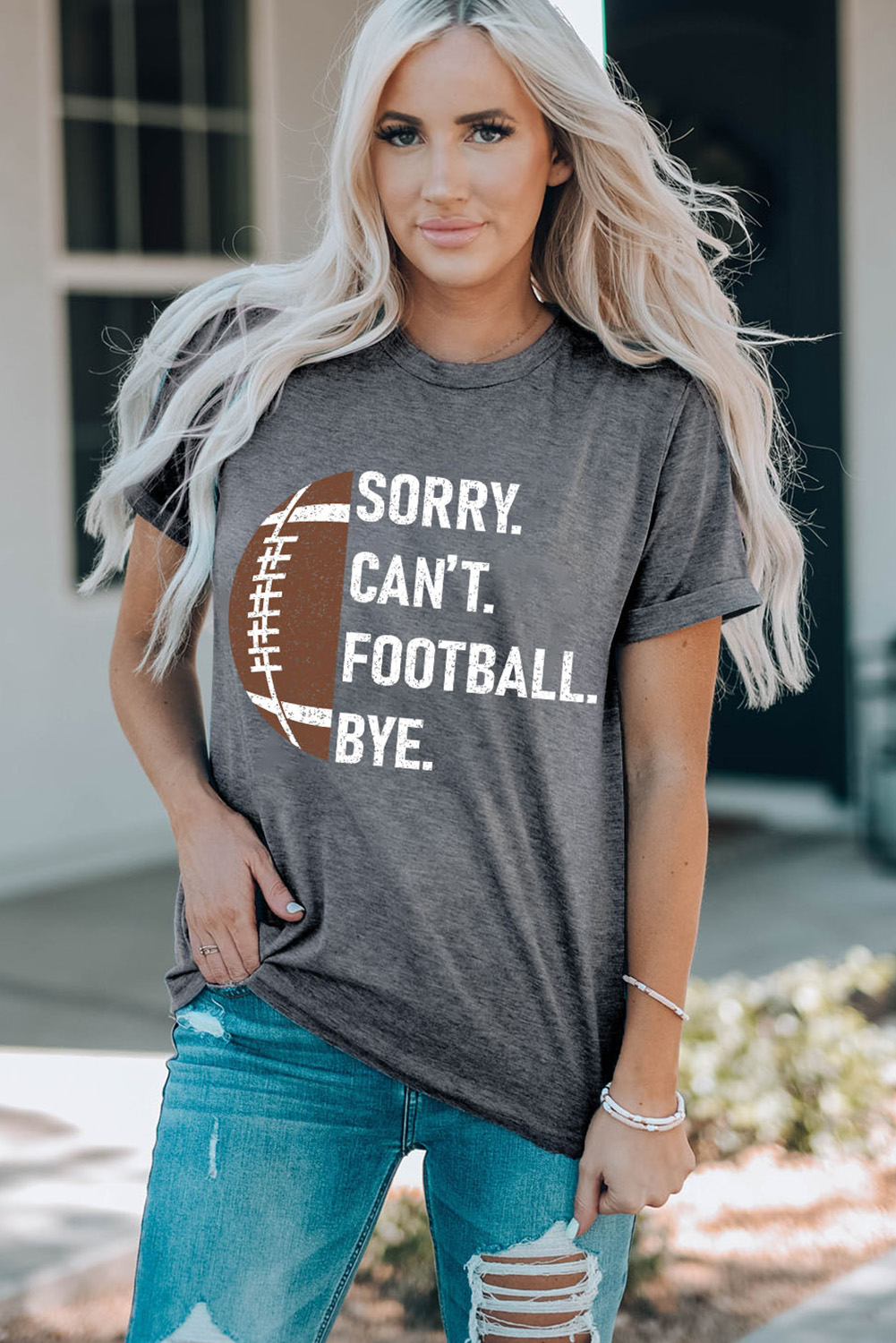 Gray American Rugby Football Graphic Casual T Shirt