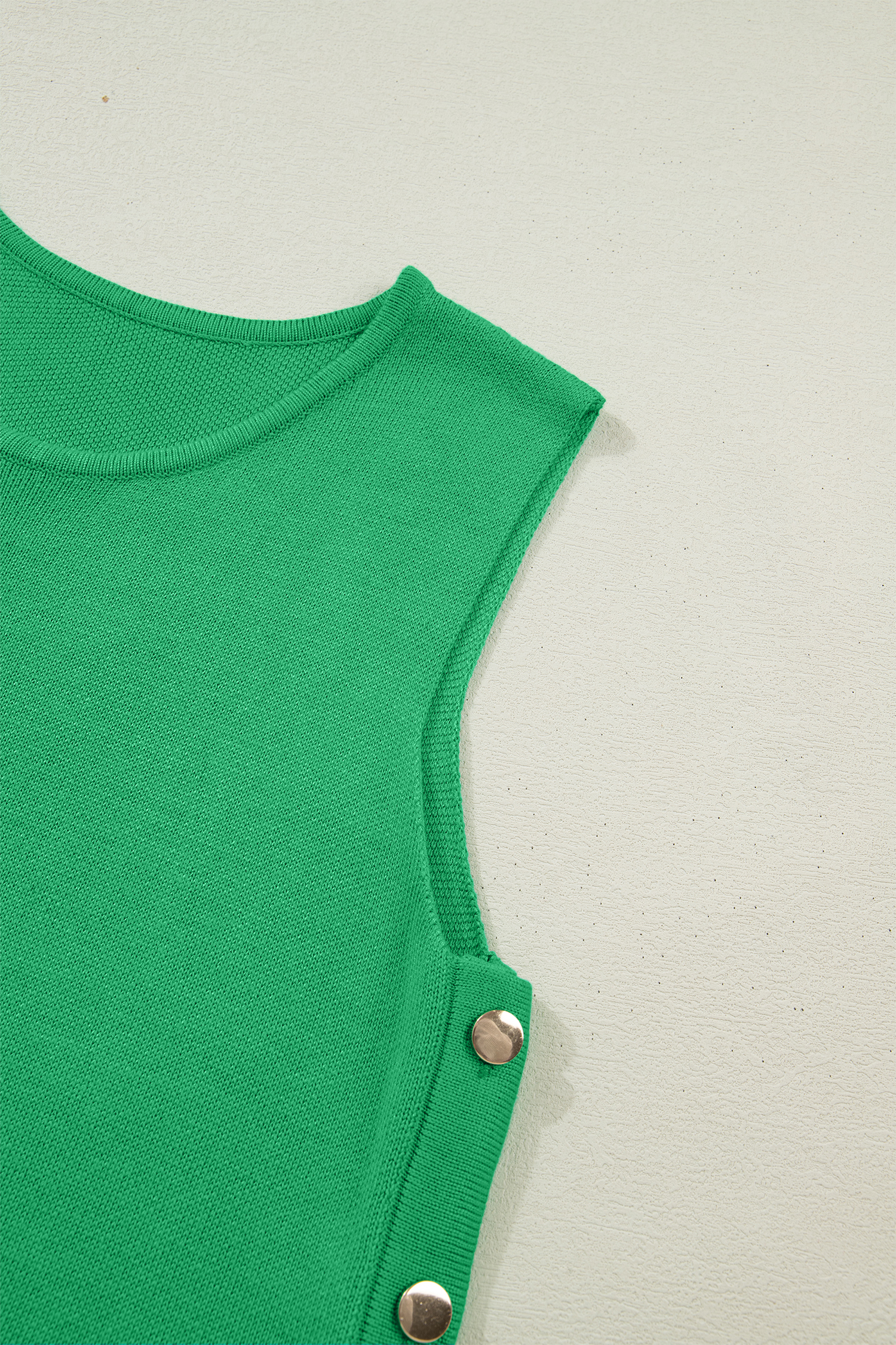Bright Green Side Button Round Neck Knit Sleeveless Sweater