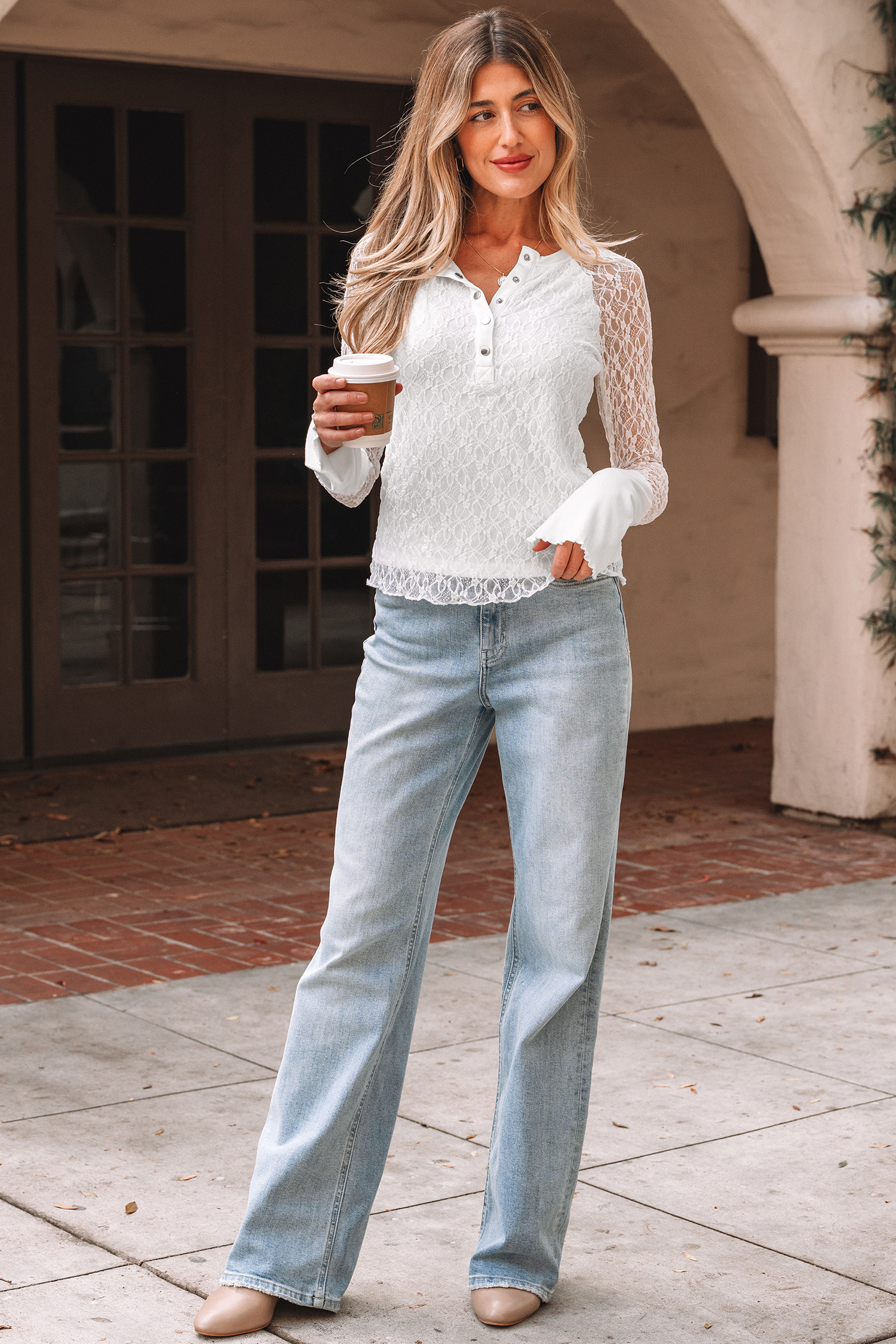 White Sheer Lace Long Sleeve Slim Henley Top