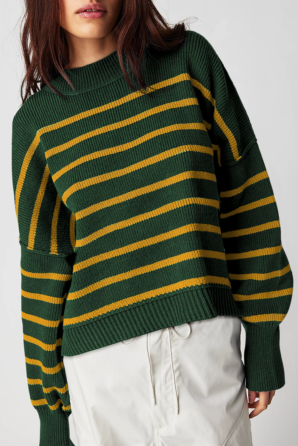 Green Stripe Ribbed Drop Shoulder Baggy Sweater