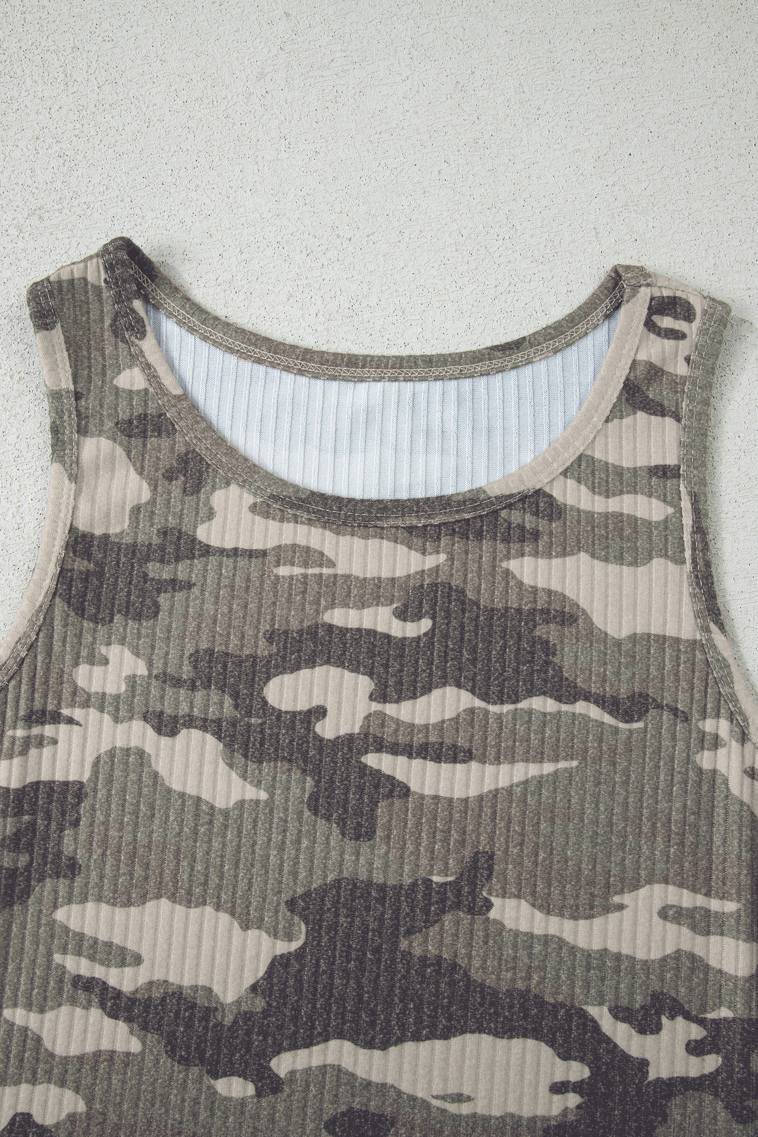 Gray Camouflage Print Ribbed Knit Round Neck Tank Top