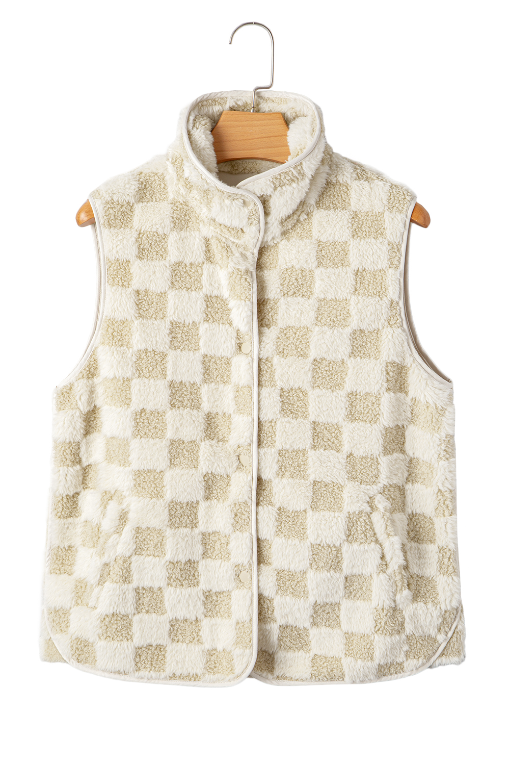 Khaki Sherpa Checkerboard Snap Button Vest Jacket With Pocket