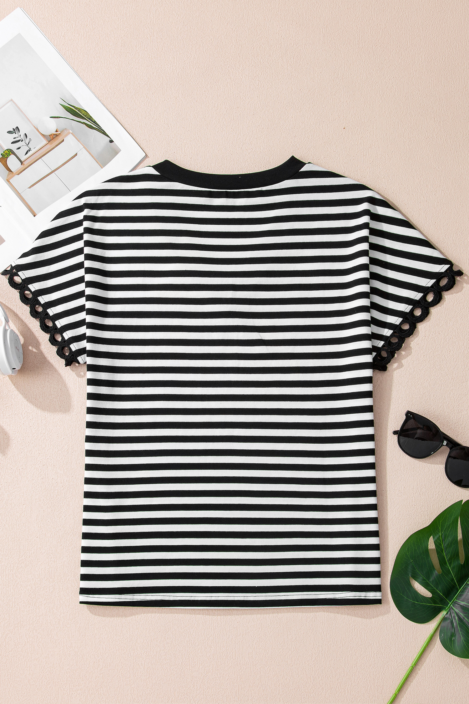 Black Striped Print V Neck Delicate Trim Casual Tee