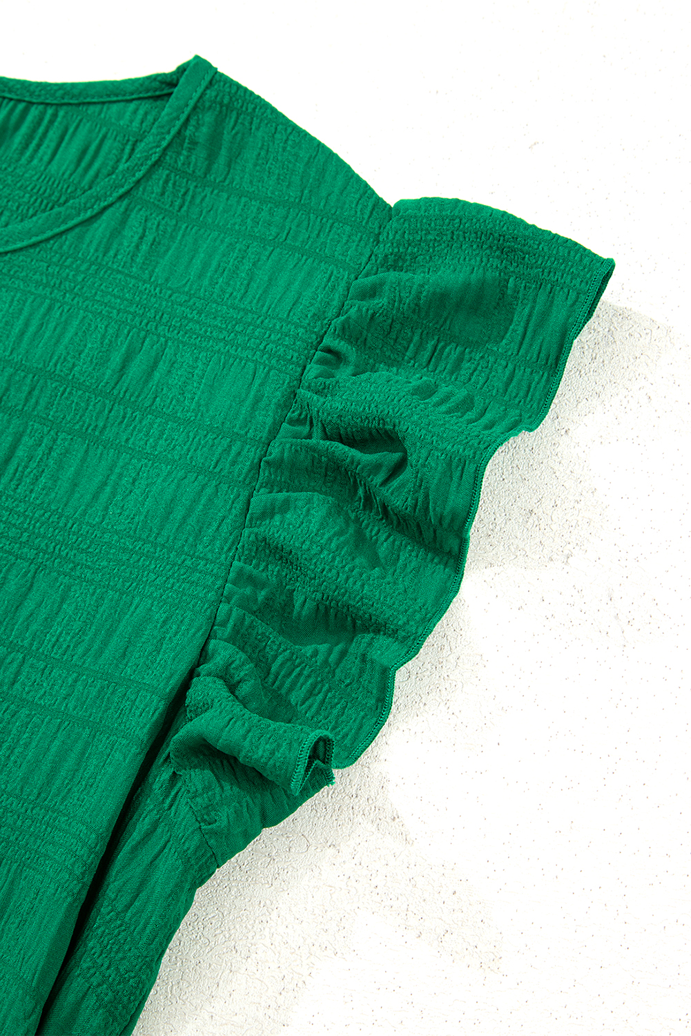 Dark Green Textured Ruffled Sleeve Round Neck Top