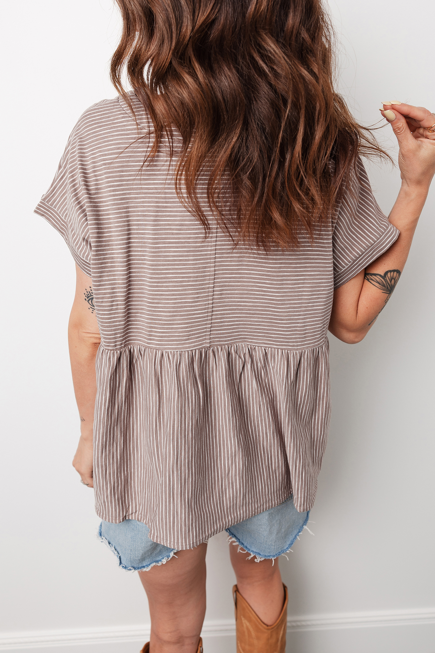 Khaki Stripe Buttoned V Neck High Low Side Slit T Shirt