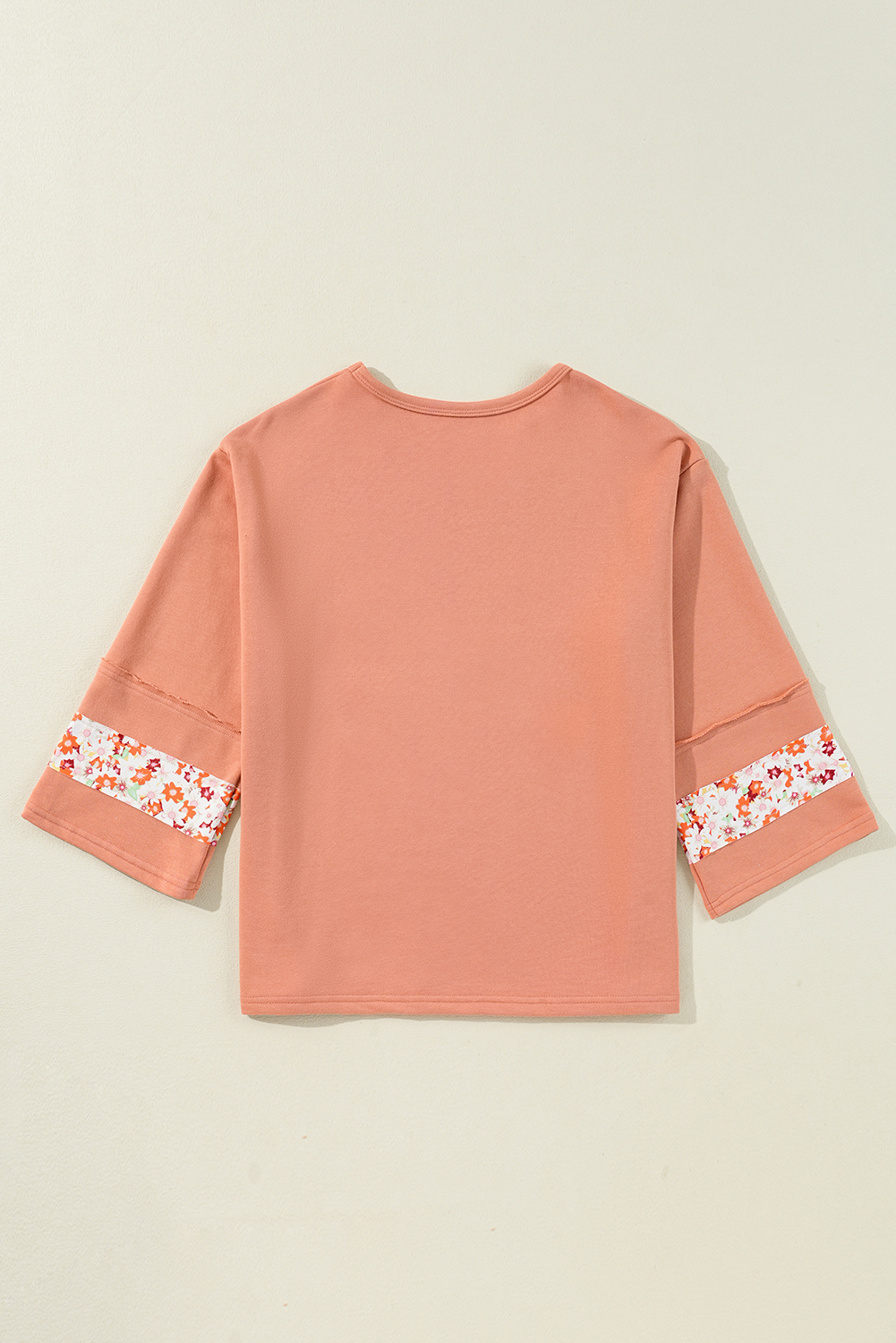 Beige Flower Patch Graphic Exposed Seam Wide Sleeve Top