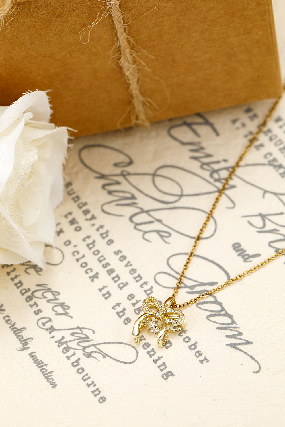 Gold Rhinestone Bow Knot Pendant Plated Alloy Necklace