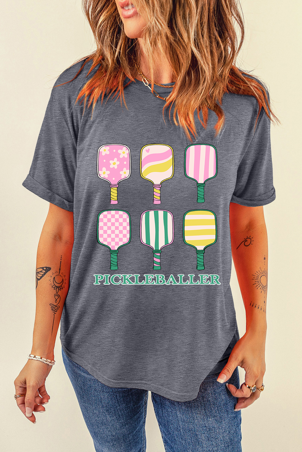Gray PICKLEBALLER Playful Bats Printed Casual T Shirt
