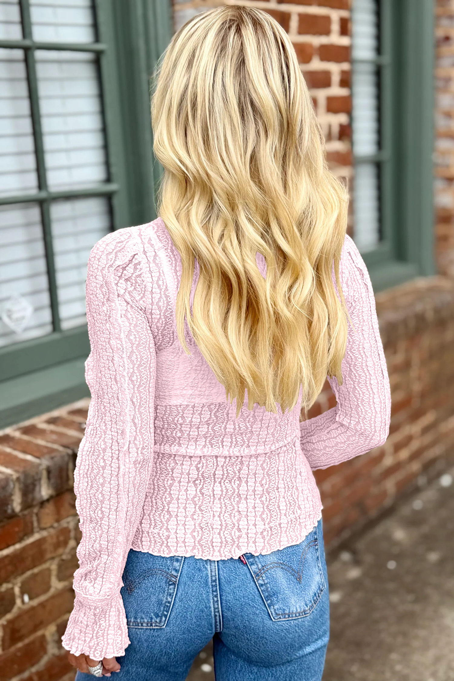 Apricot Flounced Long Sleeve Mock Neck Sheer Lace Top