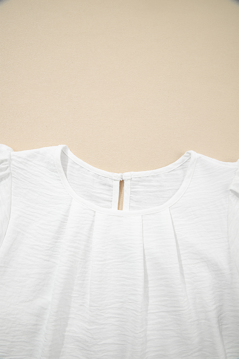 Black Flounce Sleeve Pleated Textured Blouse