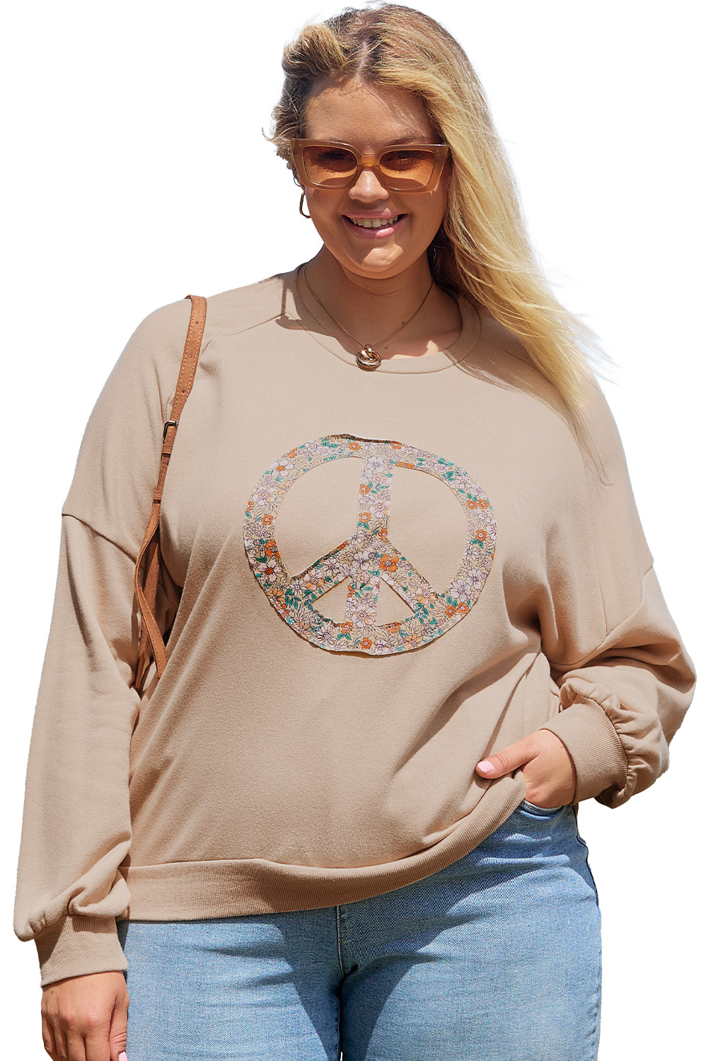 Beige Flower Patch Graphic Exposed Seam Wide Sleeve Top