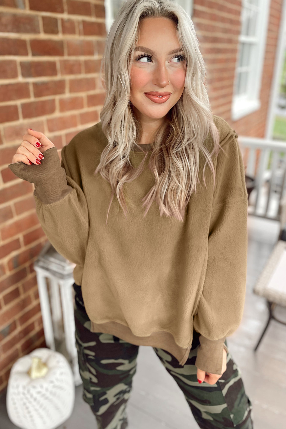 Dark Khaki Fuzzy Sherpa Splicing Pullover Sweatshirt with Side Slit