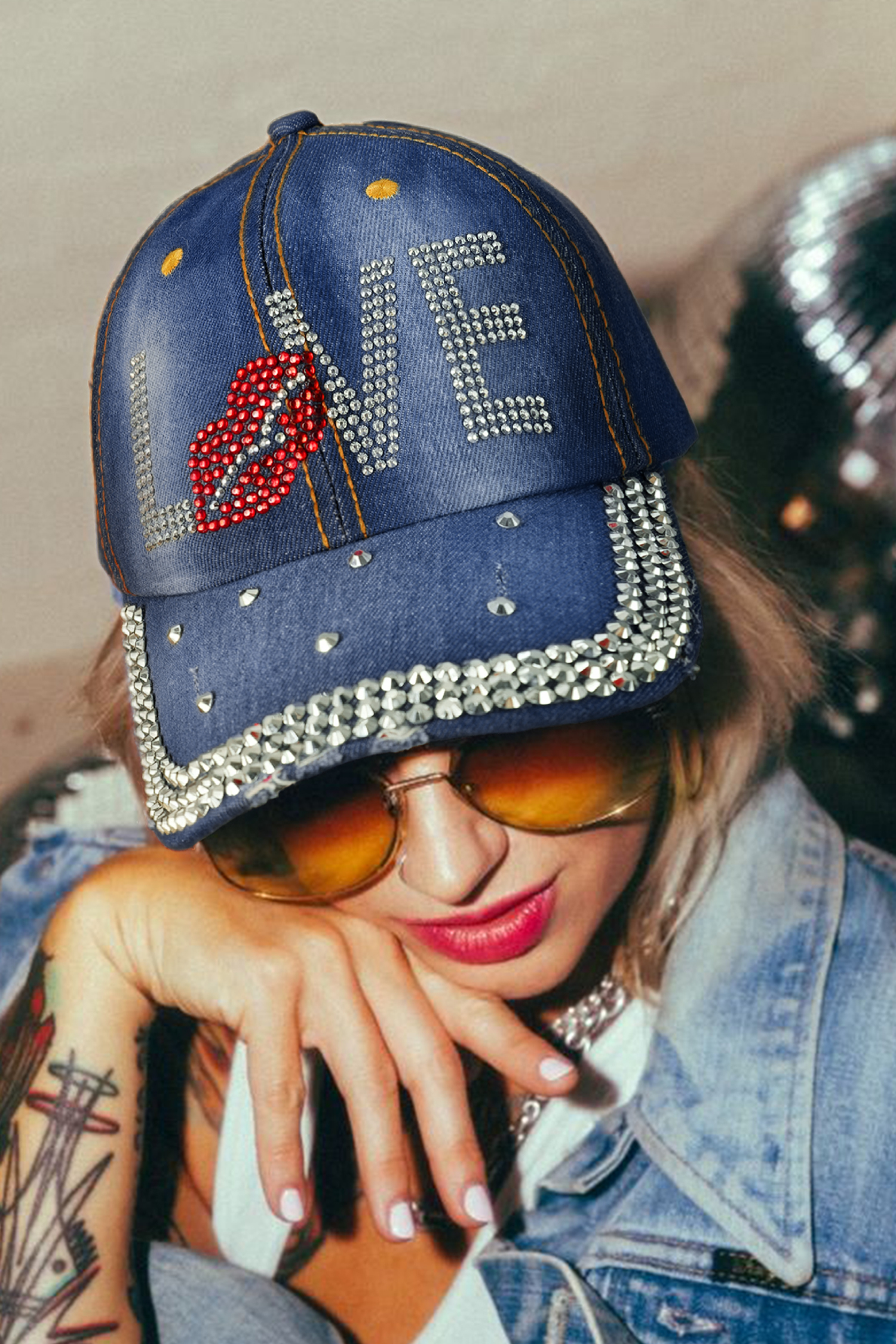 Ashleigh Blue Rhinestone Embellished LOVE Lip Denim Baseball Cap