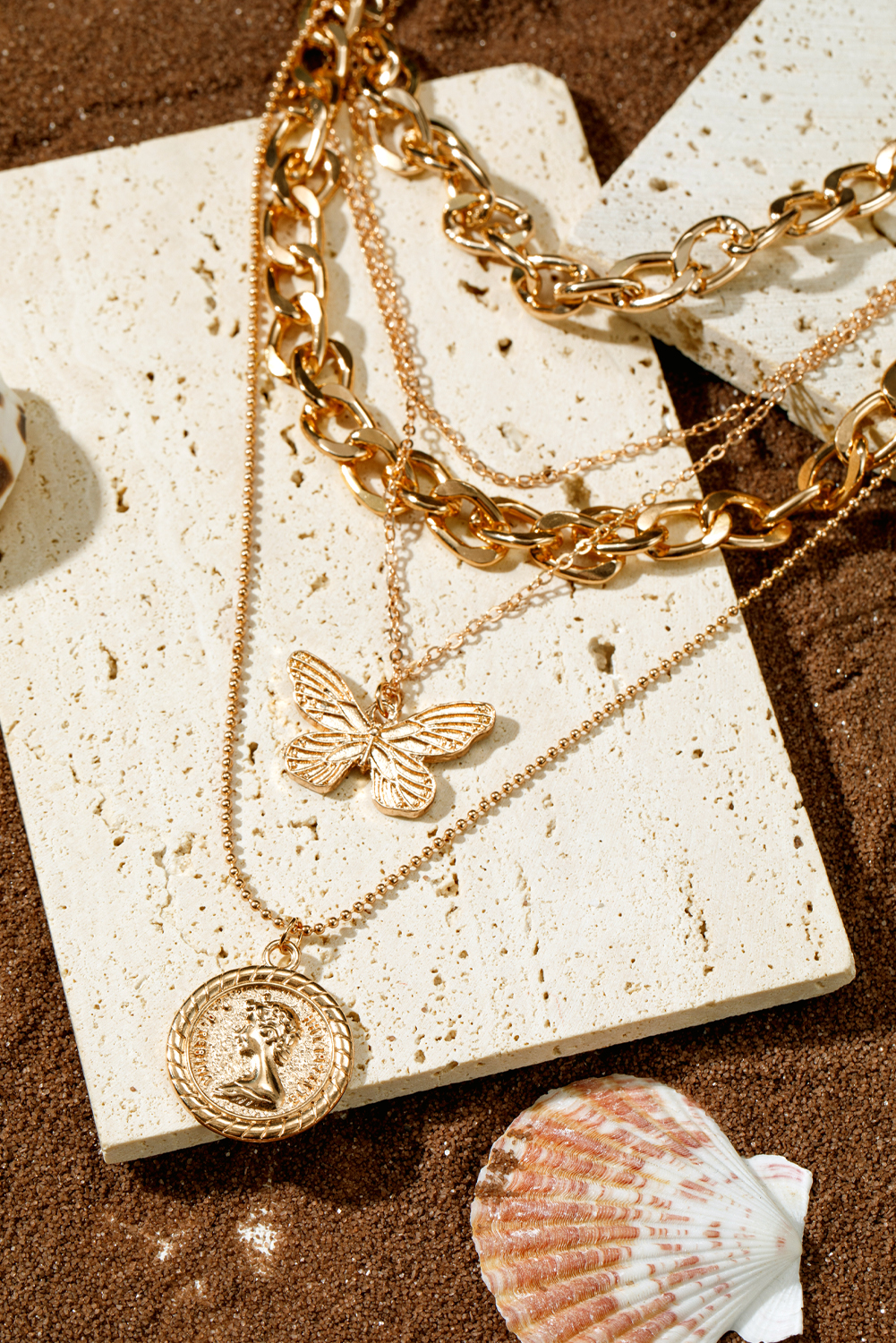 Gold Plated Alloy Multilayer Butterfly Charm Necklace