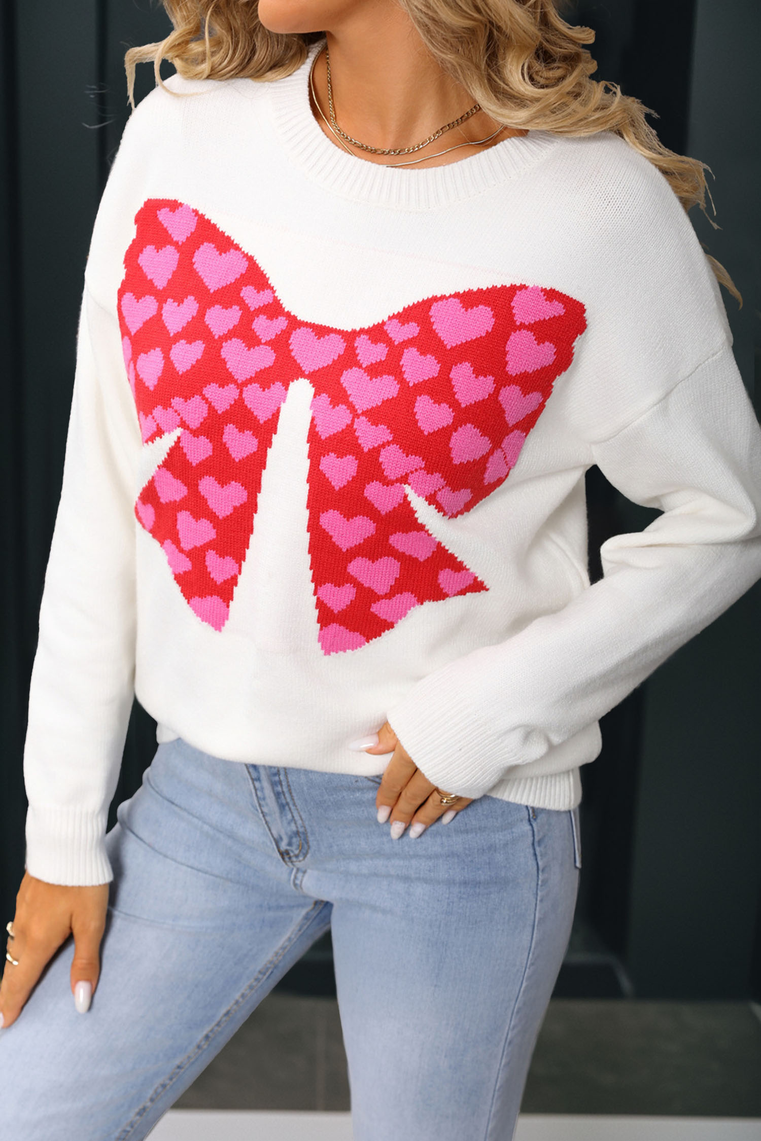 White Heart Bow Graphic Valentine Sweater