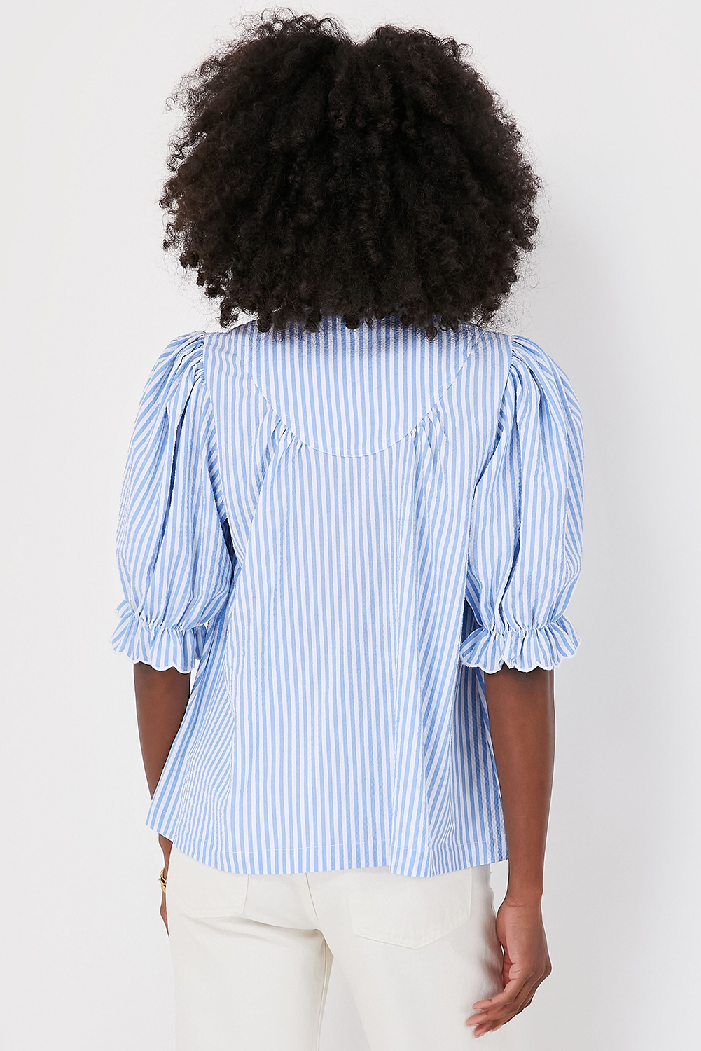 Sky Blue Stripe Ruffled Collar Puff Sleeve Half Buttons Blouse