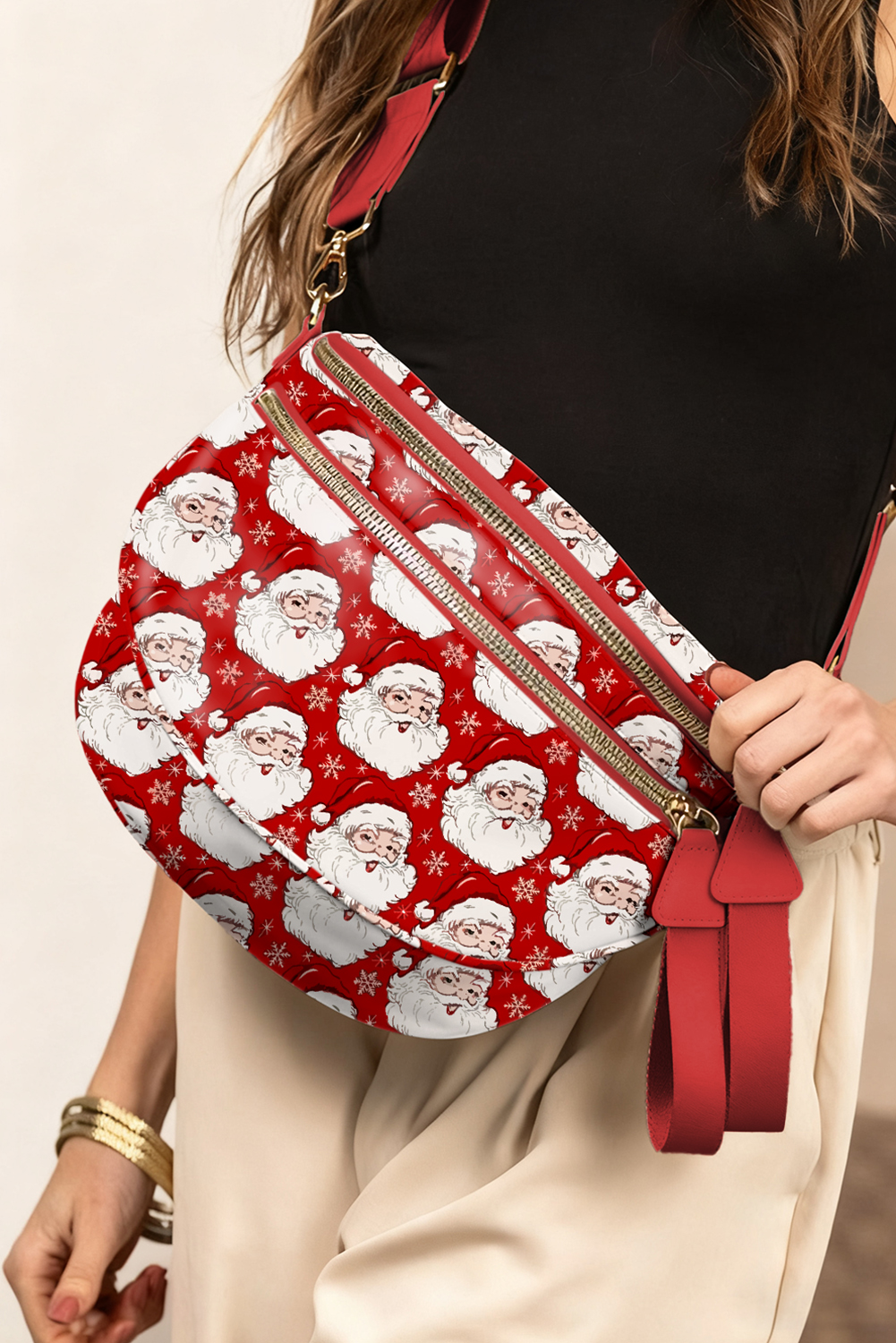 Fiery Red Christmas Theme Double Zip PU Leather Crossbody Bag
