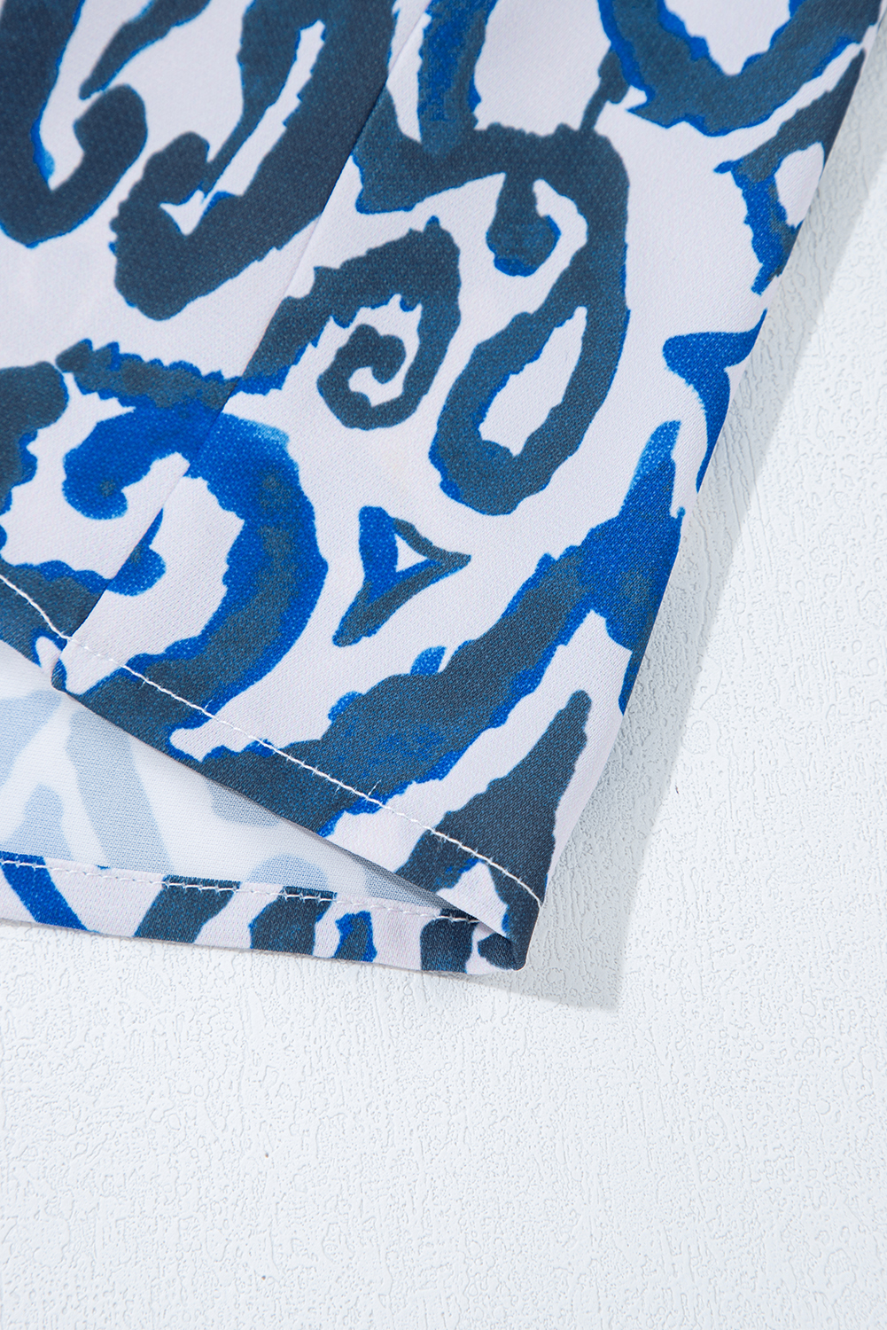 Blue Bohemian Print Embroidered V Neckline Detail Long Sleeve Shirt