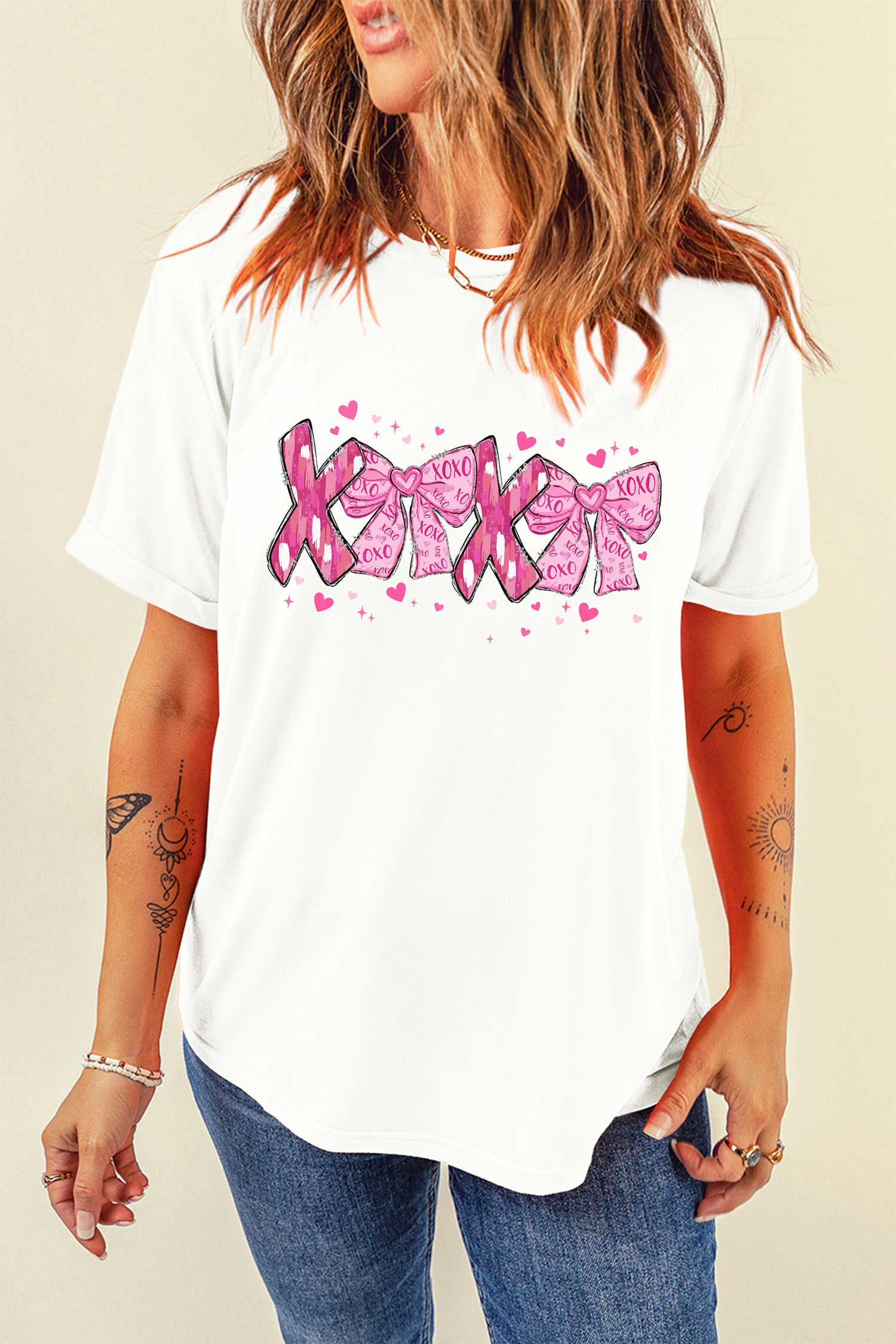 White Valentines Day XOXO Bow Printed T Shirt