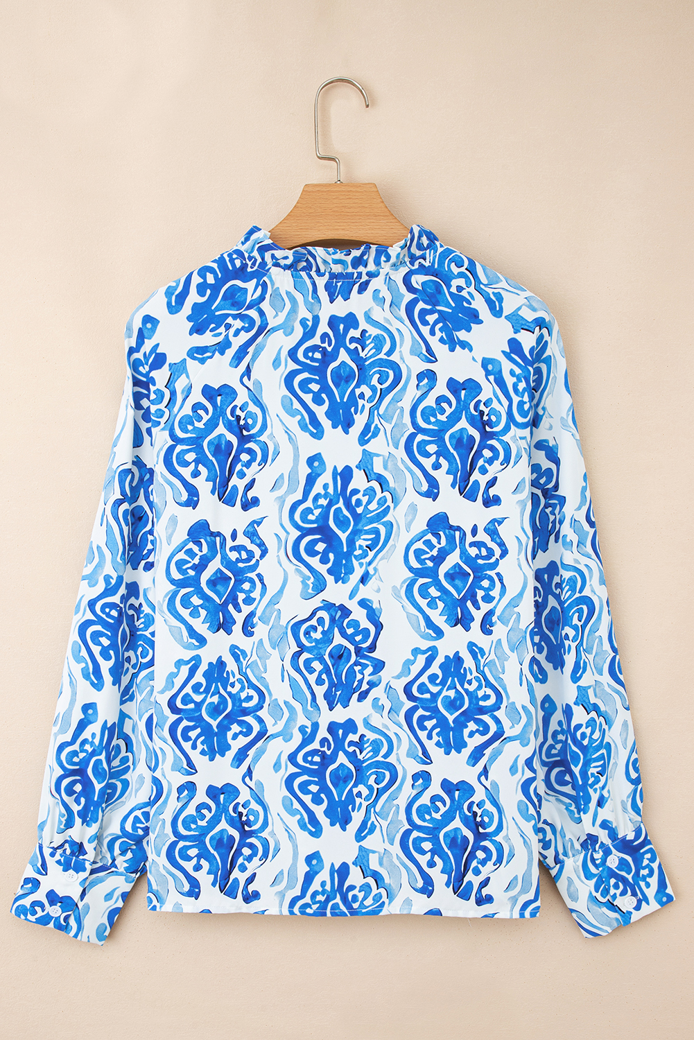 Sky Blue Ethnic Printed Tie Split Neck Button Front Puff Sleeve Shirt