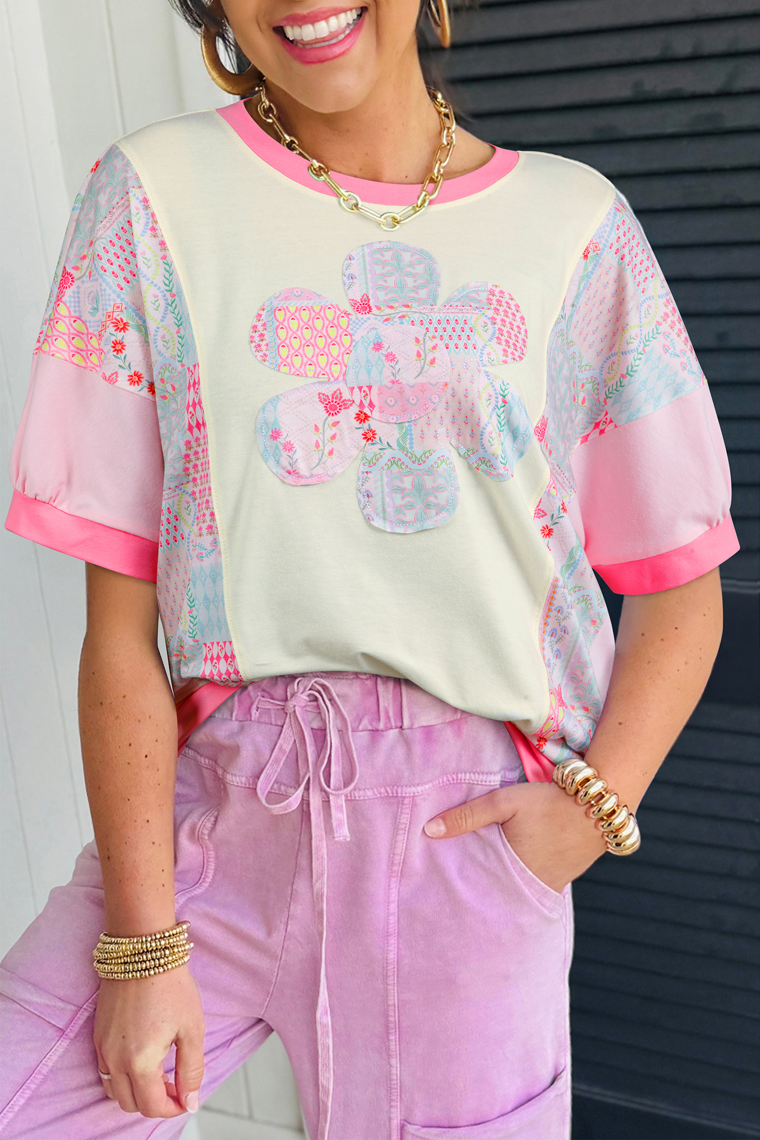 Beige Color Block Floral Patchwork Big Flower Accent Relaxed Top