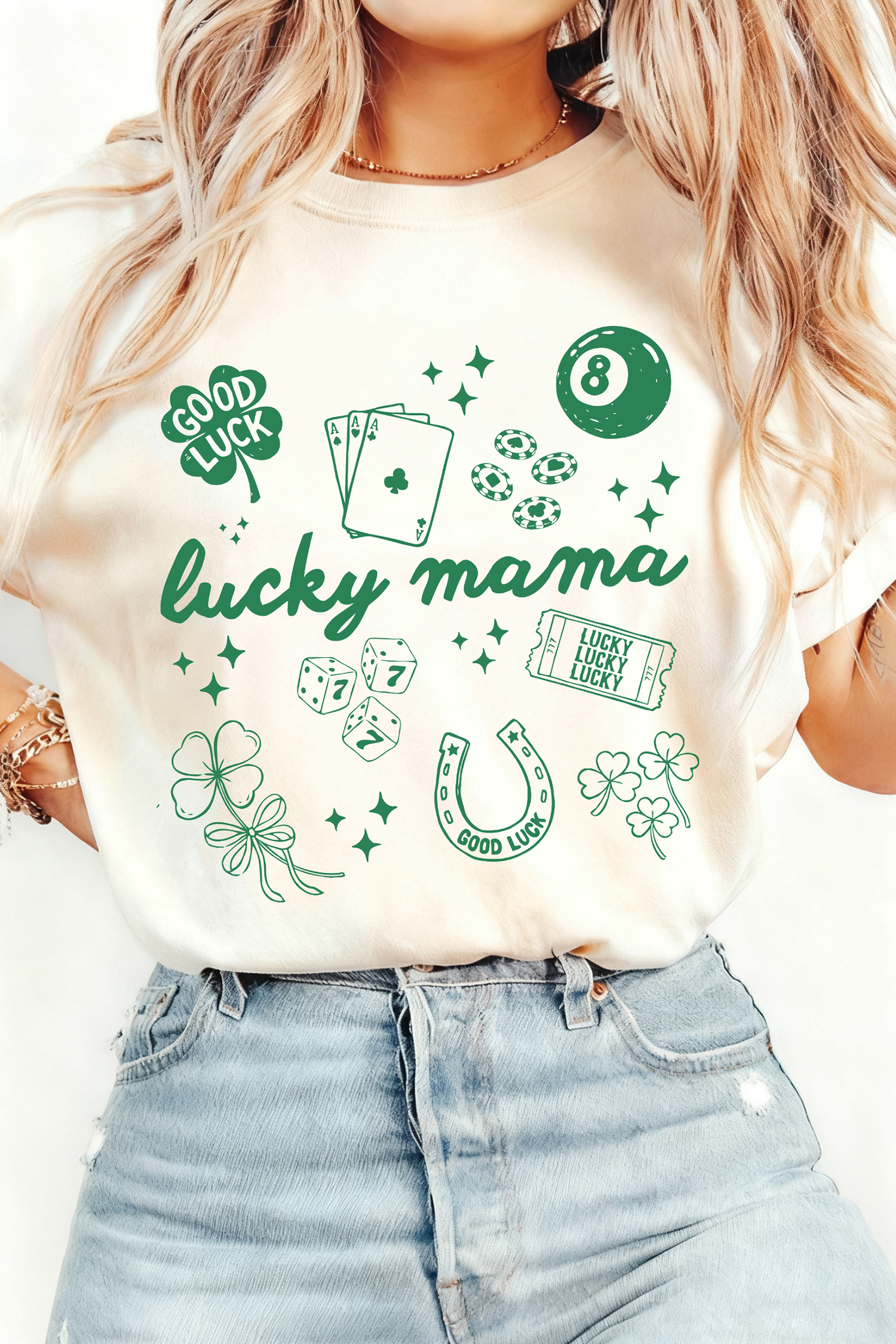 White lucky mama Playful Graphic Tee