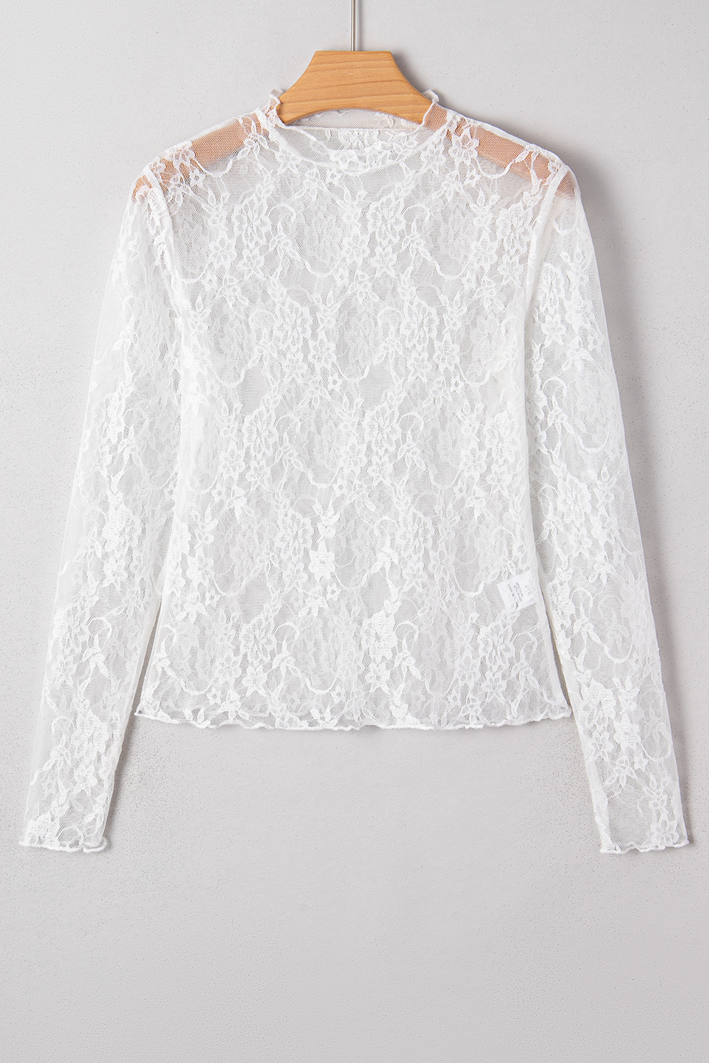 White Sheer Lace Mesh Mock Neck Slim Fit Long Sleeve Top