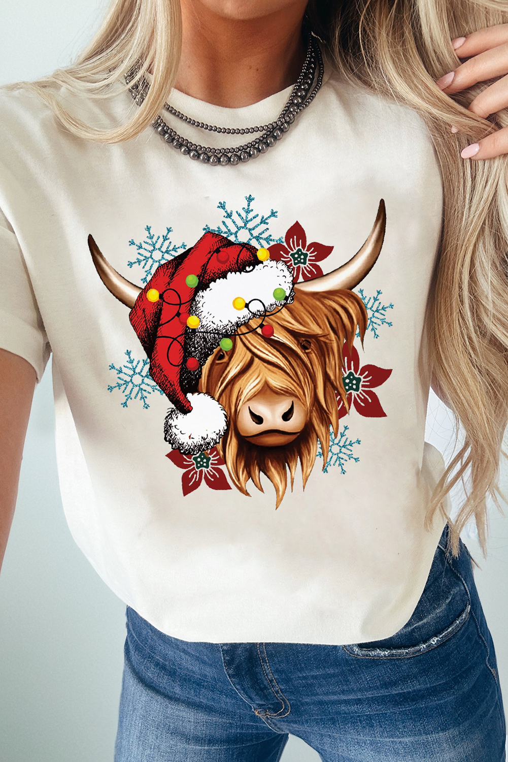 White Christmas Highland Ox Snowflake Print Womens T Shirt