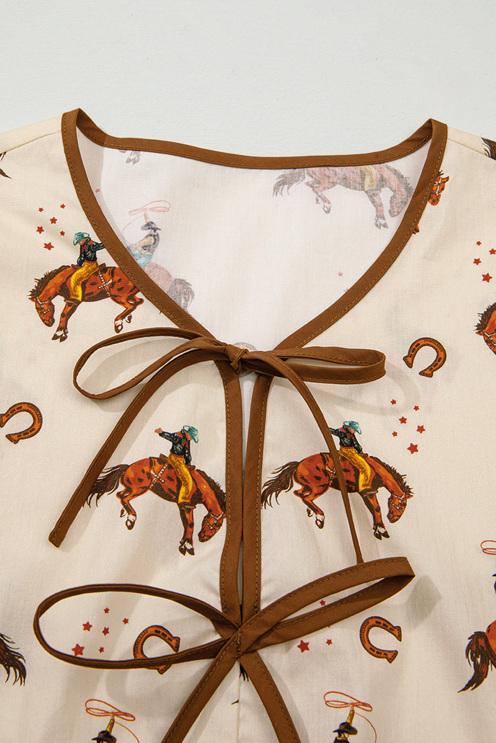 Apricot Western Rodeo Print Tied Front Puff Sleeve Peplum Top