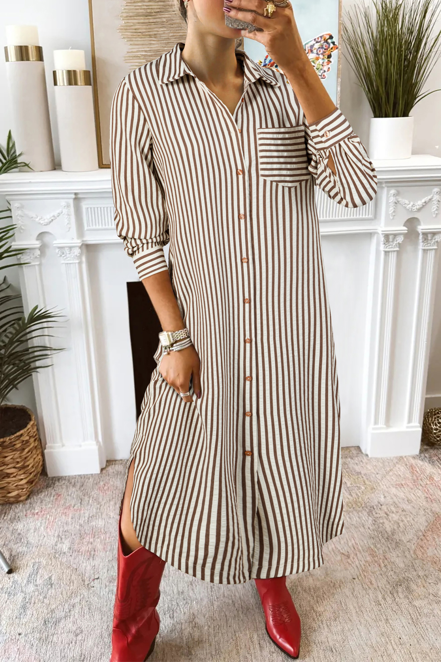 Brown Stripe Textured 3/4 Sleeve Round Hem Split Midi Shirt Dress