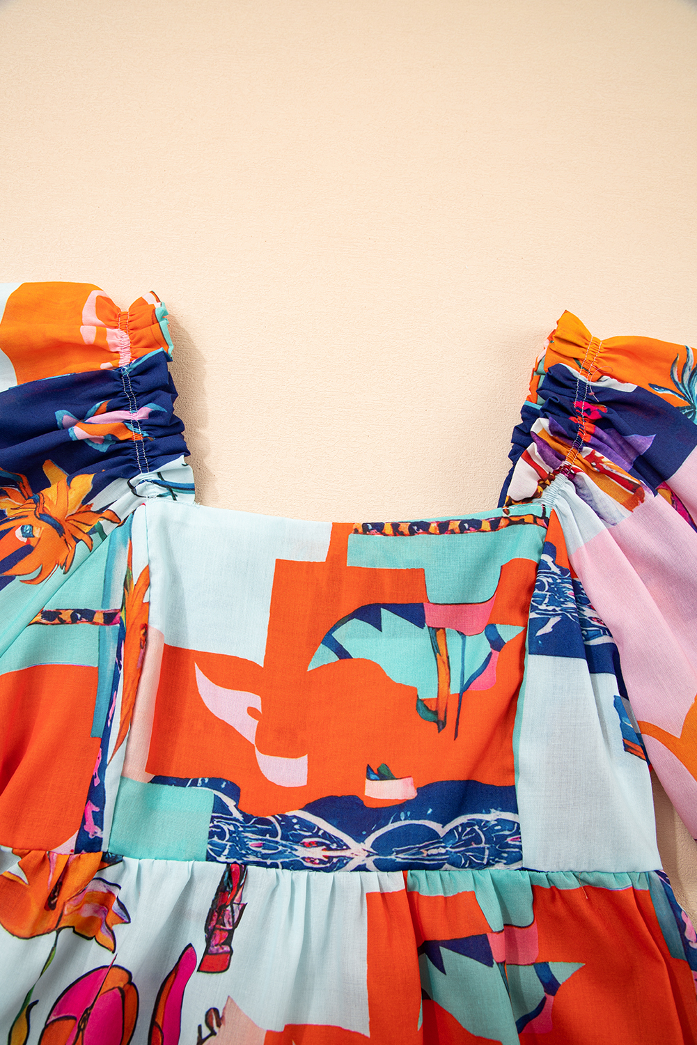 Sky Blue Tropical Printed Square Neck Flutter Sleeve Babydoll Blouse