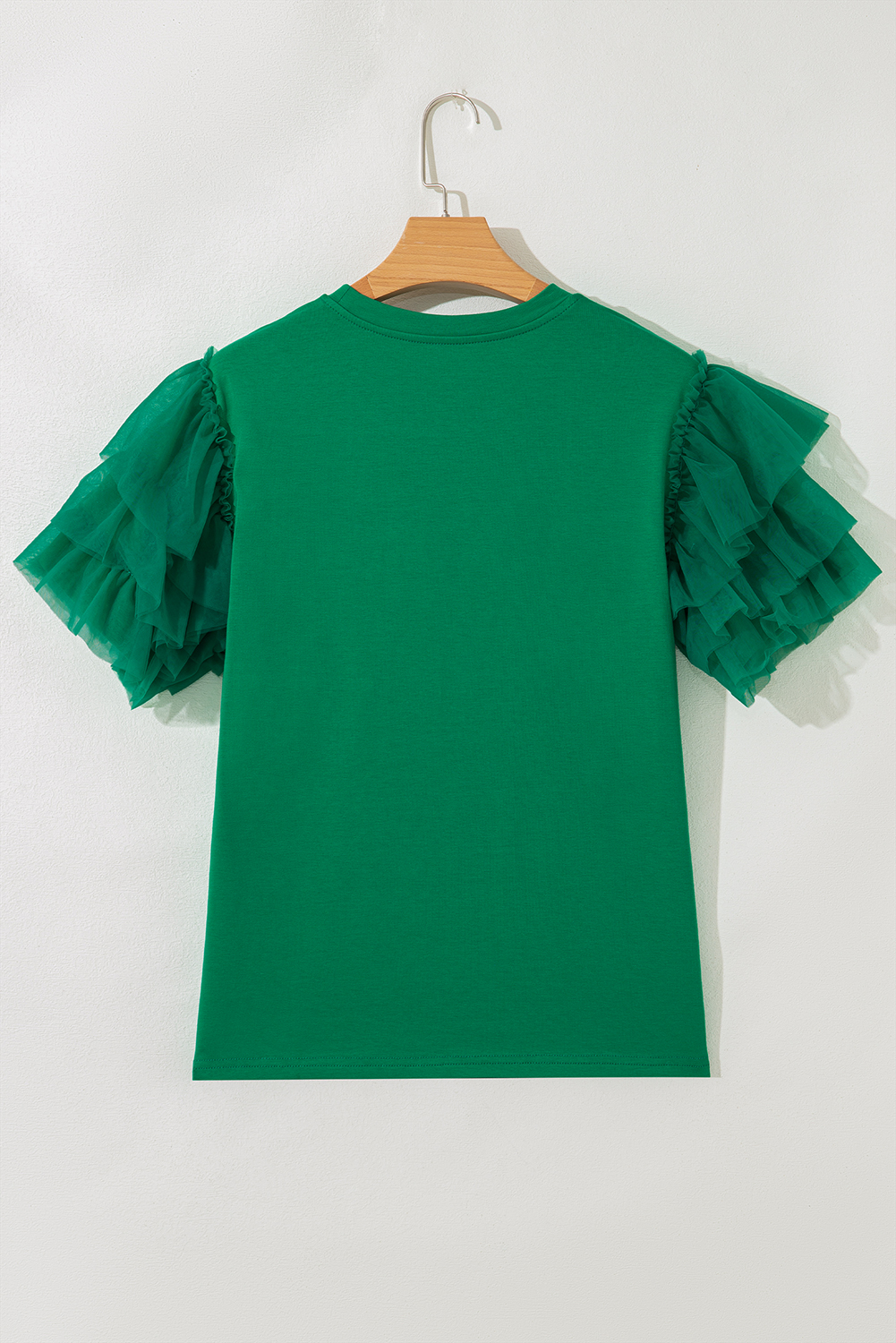 Dark Green Tulle Ruffle Sleeve Blouse