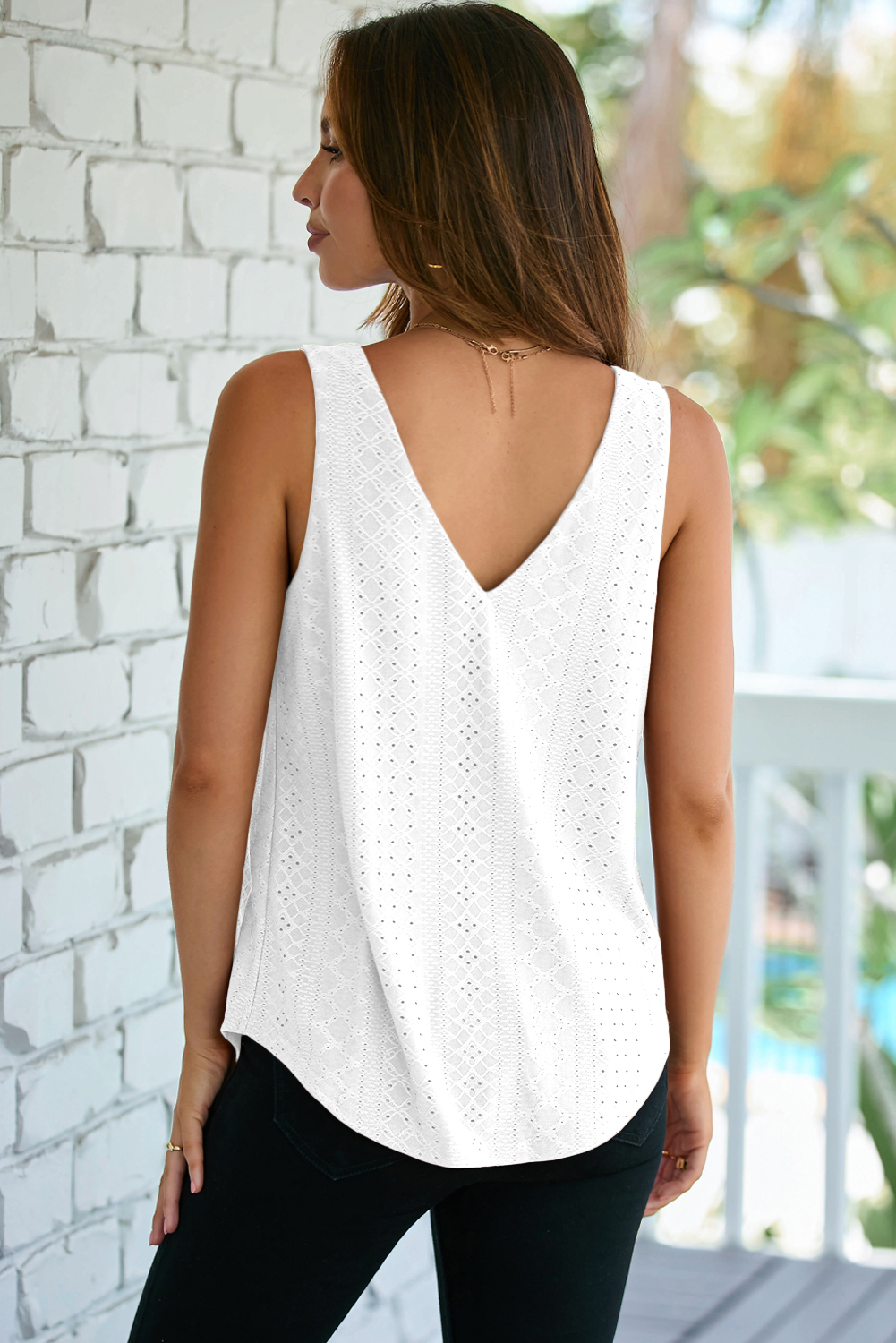 Coffee Eyelet Knit Patterned Loose V Neck Tank Top