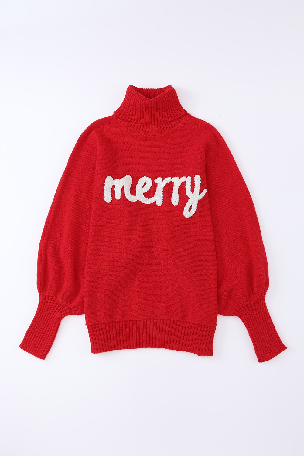 Fiery Red Merry Letter Embroidered High Neck Sweater