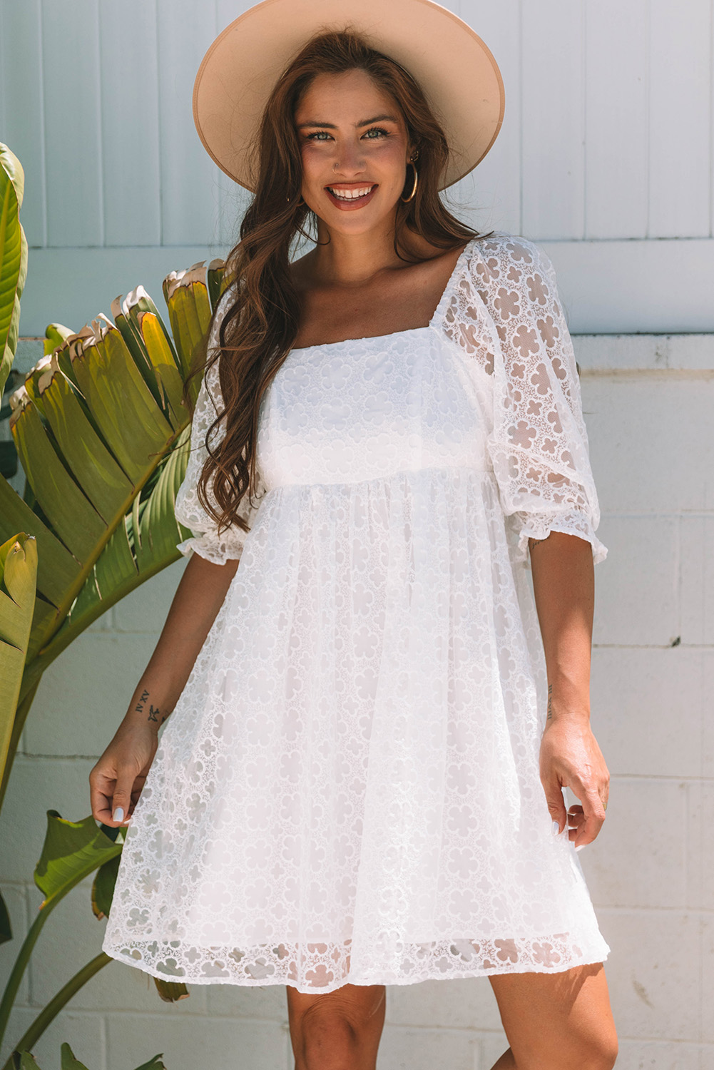 White Floral Lace Puff Sleeve Empire Waist Mini Dress