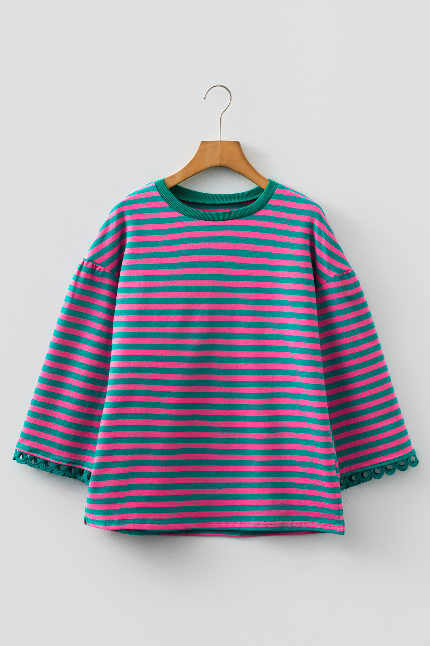 Racing Red Striped Print Drop Shoulder Lace Trim Bracelet Sleeve Loose Top