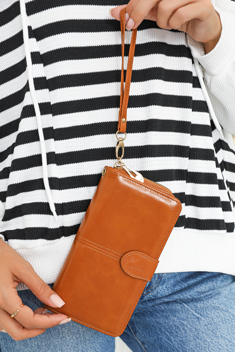 Cinnamon Faux Leather Zip Around Wrist Strap Long Wallet