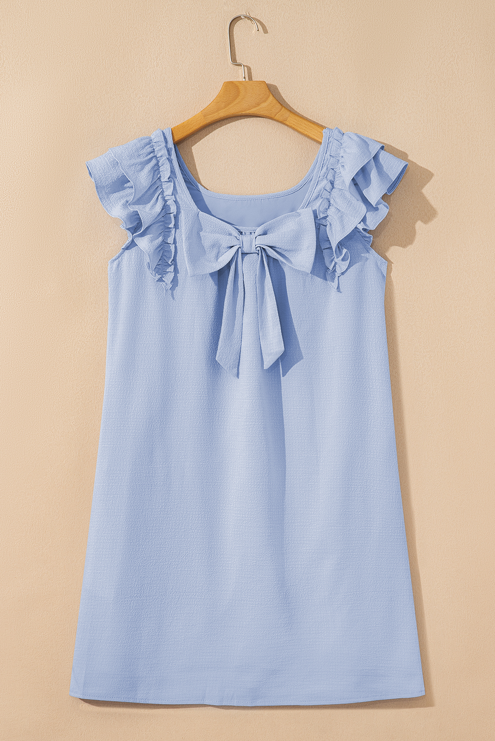 Beau Blue Textured Bow Knot Frilled Butterfly Sleeve Blouse