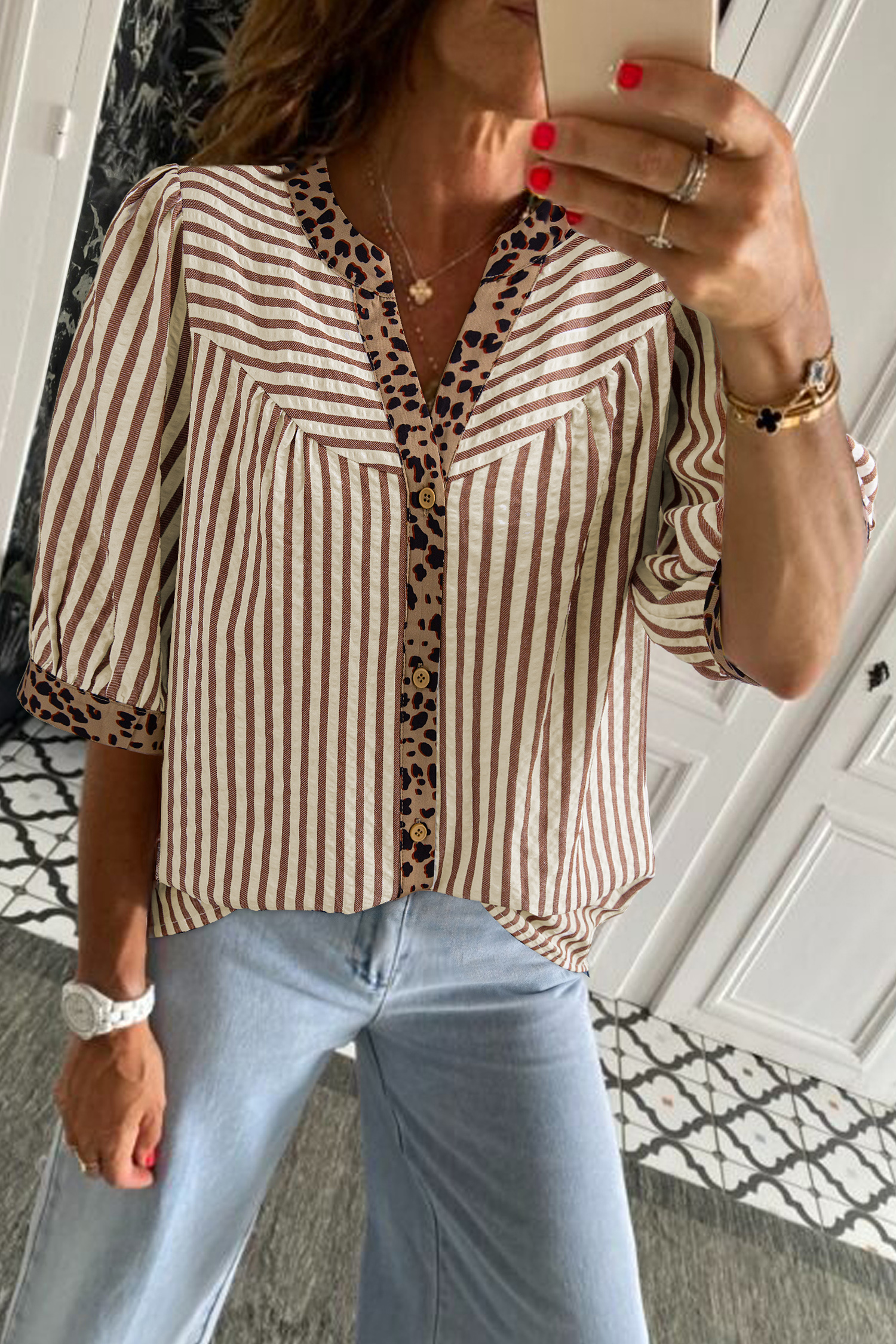 Sky Blue Stripe Leopard Trim V Neck Button Down Half Sleeve Shirt
